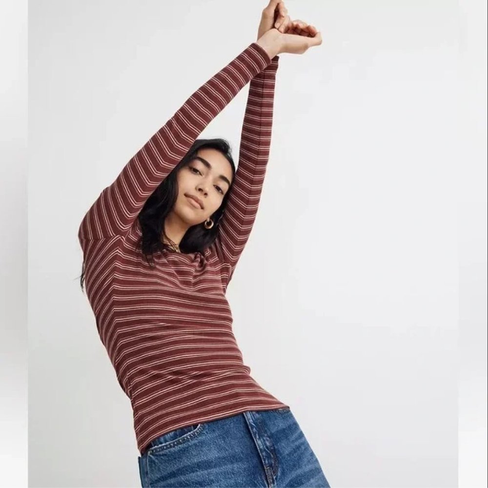 Madewell Fine Ribbed Crewneck Long-Sleeve Tee in Macey Stripe